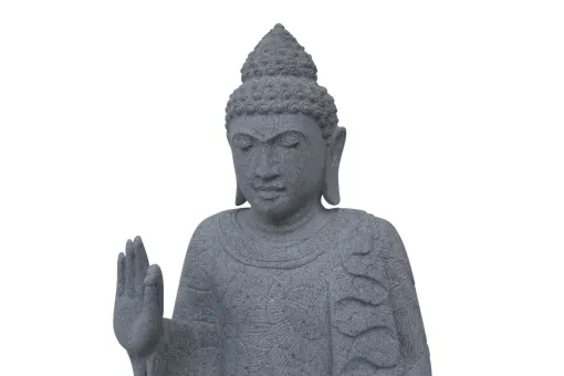 Sitzender Buddha mit floraler Schnitzerei, Abhaya-Stellung. 60 x 35 x 80 cm. Naturstein (Flussstein), Steinmetzarbeiten 